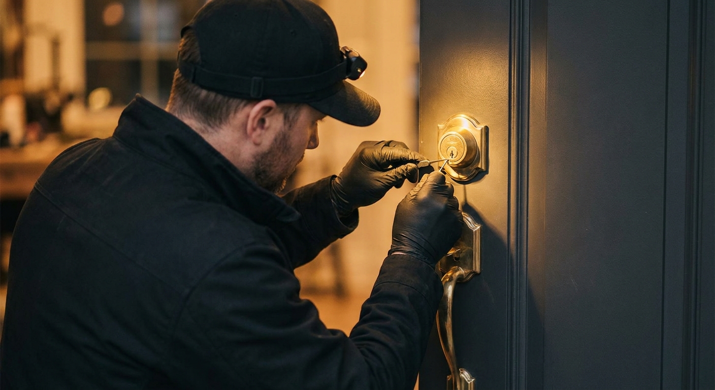 Locksmith technician working on a front door lock