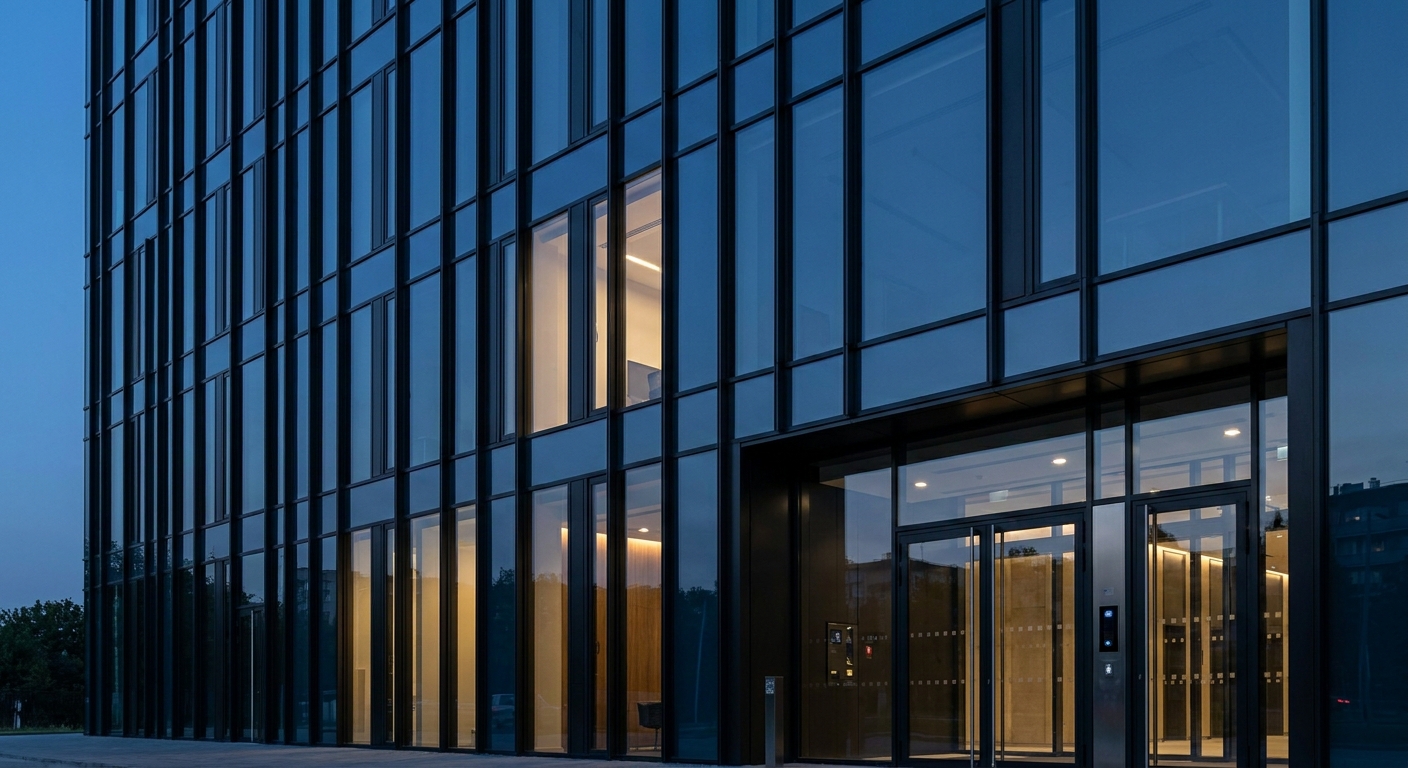 Modern commercial building entrance at night