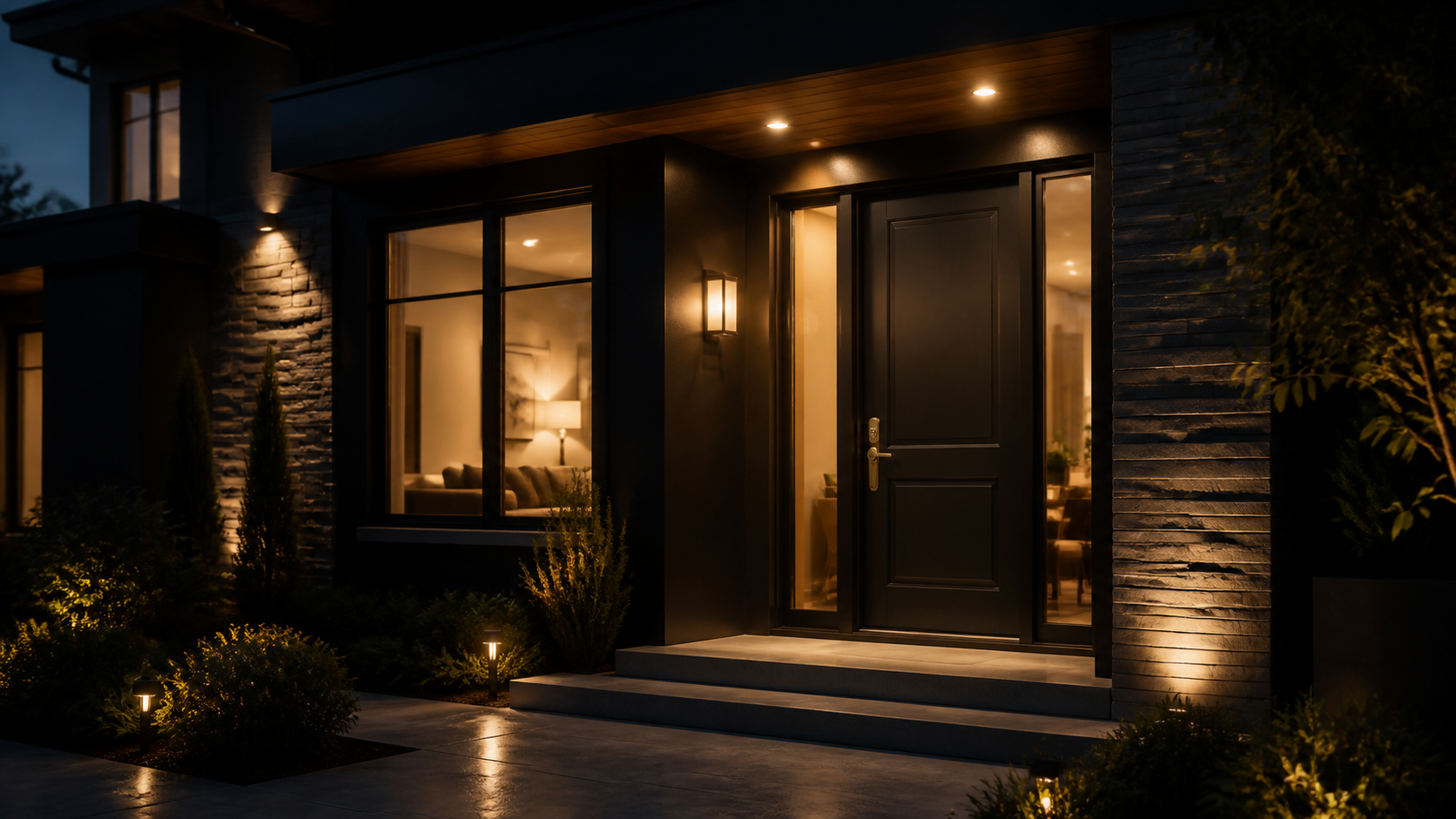 Modern residential home entrance at dusk